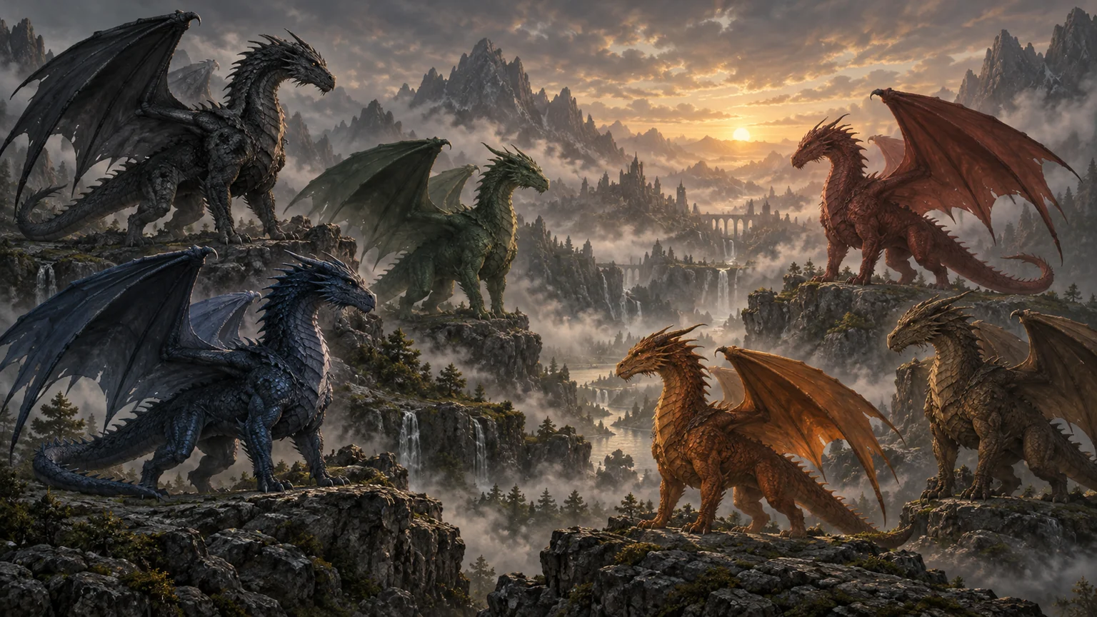 Original fan illustration of black, blue, green, red, orange and brown dragons in a misty rocky valley.